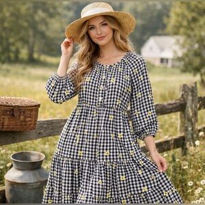 Old Navy XL Gingham Midi Dress Black White Daisy Cottagecore Country Picnic Boho